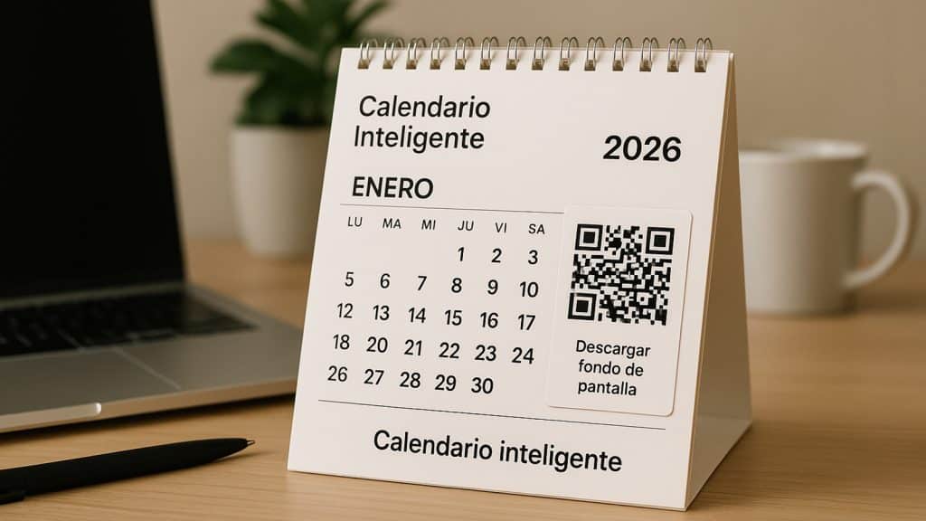 Calendario Inteligente 2026 con QR dinámico para descargar fondos de pantalla corporativos.