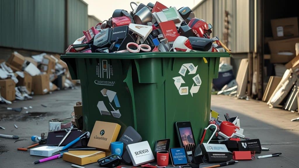 Contenedor industrial desbordado con merchandising promocional desechado como tazas, bolígrafos, bolsas y camisetas genéricas