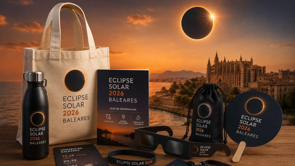 Material promocional para el eclipse solar 2026 en Baleares con bolsa, botella, gafas homologadas, guía informativa y acreditación sobre una mesa al atardecer.