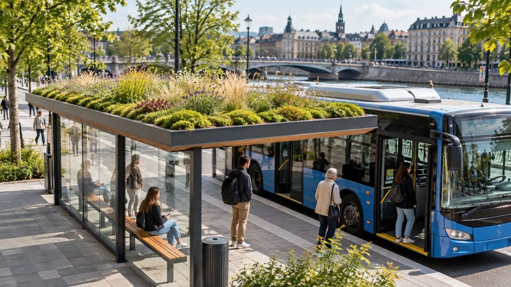Marquesina de autobús con cubierta vegetal como ejemplo de publicidad exterior sostenible.
