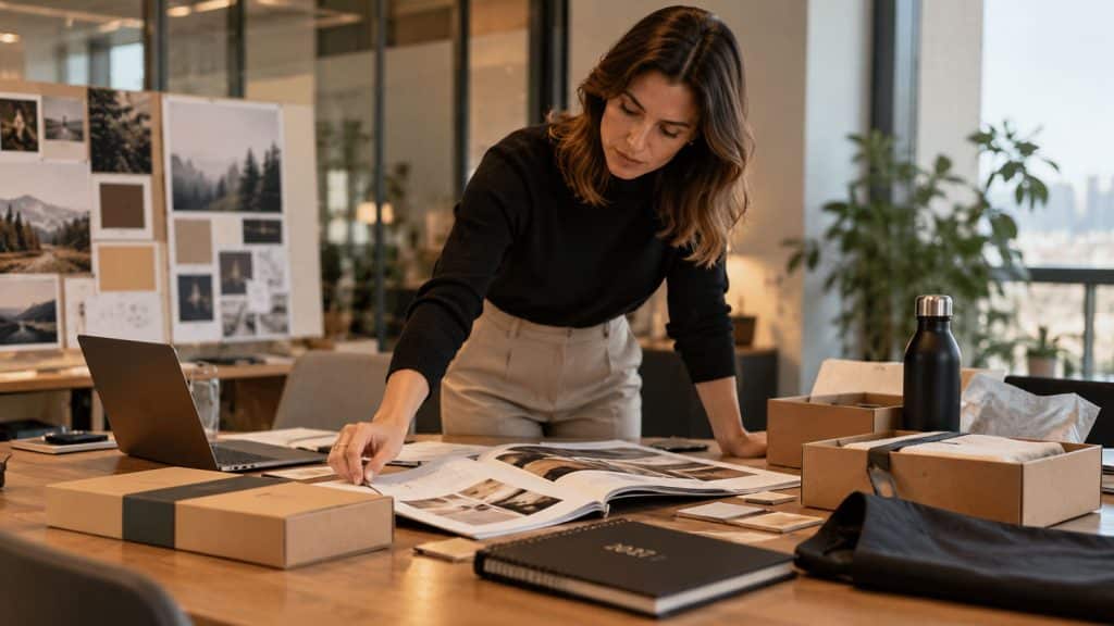Profesional seleccionando materiales de merchandising corporativo y regalos personalizados para una campaña empresarial