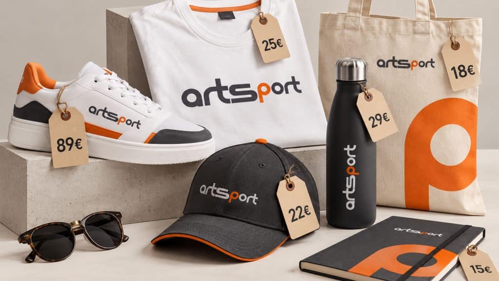 Productos de merchandising de marca personalizados con el logo de Artsport Publicidad: zapatillas, camiseta, bolsa, gorra y botella.