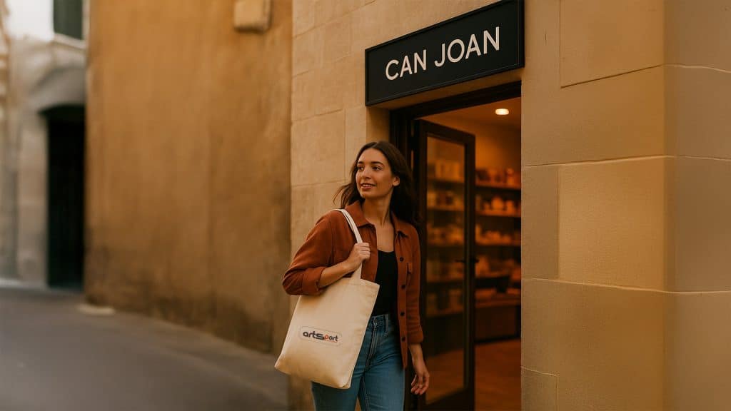 Merchandising personalizado en Mallorca: cliente sale de la tienda Can Joan con bolsa tote con logo de Artsport frente a un rótulo comercial