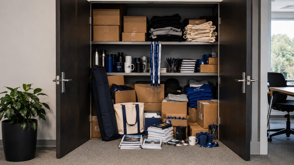 Armario de oficina lleno de cajas, bolsas, camisetas, catálogos y material promocional acumulado sin distribuir
