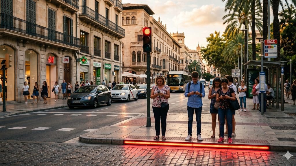 Semáforo en el suelo con luz roja LED para peatones mirando el móvil en un paso de cebra en Palma de Mallorca