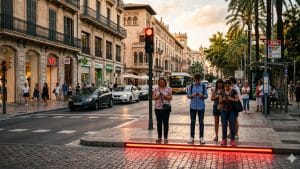 Semáforo en el suelo con luz roja LED para peatones mirando el móvil en un paso de cebra en Palma de Mallorca